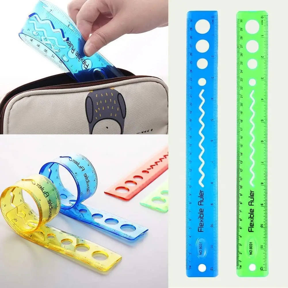Penggaris Bening 30CM/12 Inci Penggaris Karet Fleksibel Dapat Ditekuk Skala Ganda Penggaris Plastik Lurus Transparan Tahan Pecah, 12 Lipat