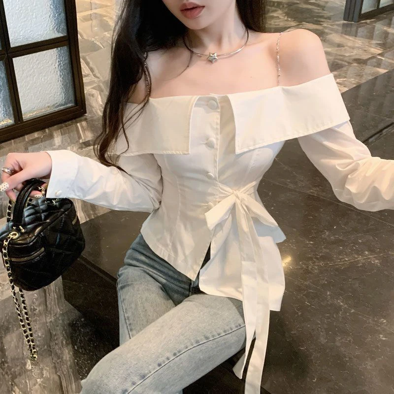 Elegant Slash Neck Shirts Women Streetwear Ruffles Bandage White Blouses Korean Fashion Chain Long Sleeve Design Slim Tops New