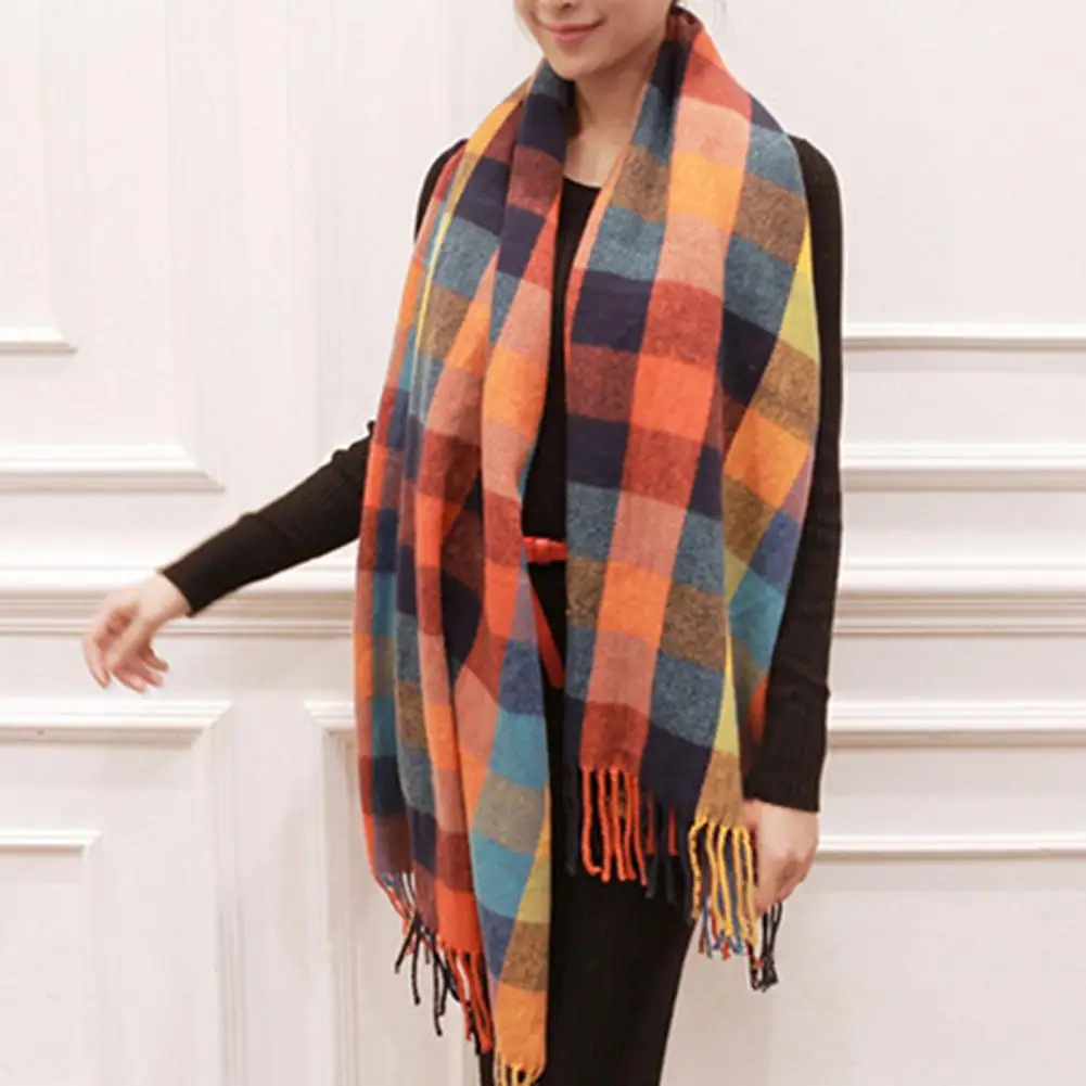 

Plaid Scarf Bright Colored Scarf Elegant Winter Shawl Colorful Plaid Print Scarf with Tassel Trim Thick Imitation Cashmere Warm