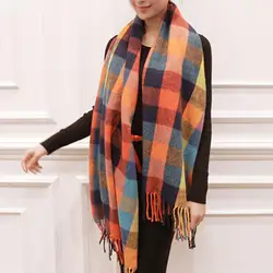 Plaid Scarf Bright Colored Scarf Elegant Winter Shawl Colorful Plaid Print Scarf with Tassel Trim Thick Imitation Cashmere Warm