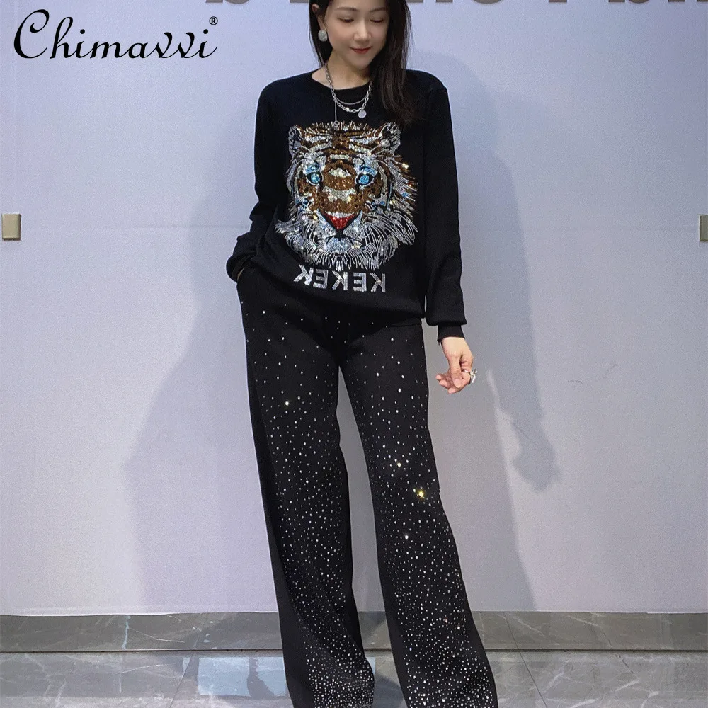 

Winter New Fashion Round Neck Knitted Sweater Pullover Top Pants 2Piece Set Heavy Large Size Streetwear Casual Women's Outfits