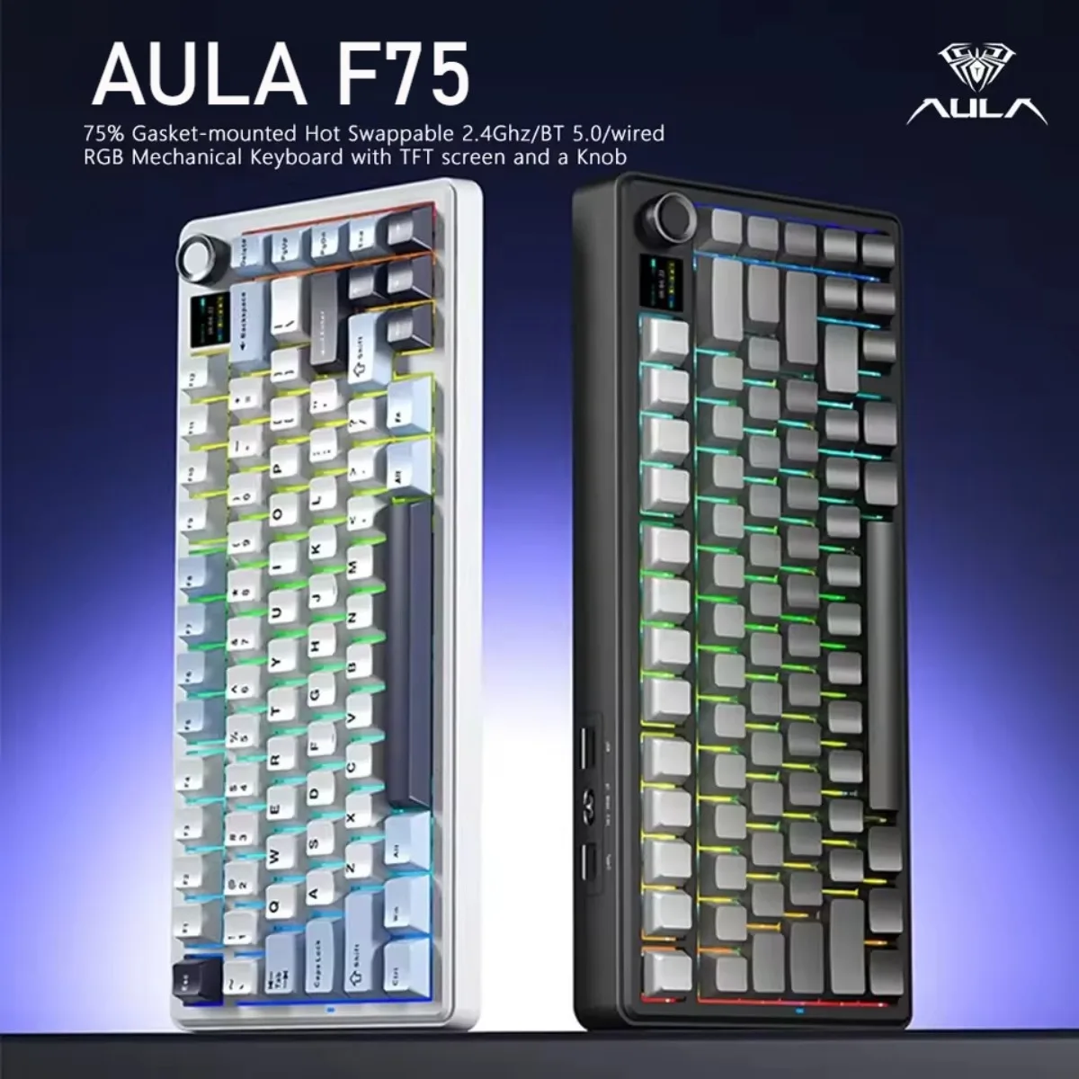 AULA F75 Gaming Keyboard 2.4G Wireless/Bluetooth/Wired Tri Mode Keyboard RGB Customized 75% Layout OEM Profile Gasket Structure
