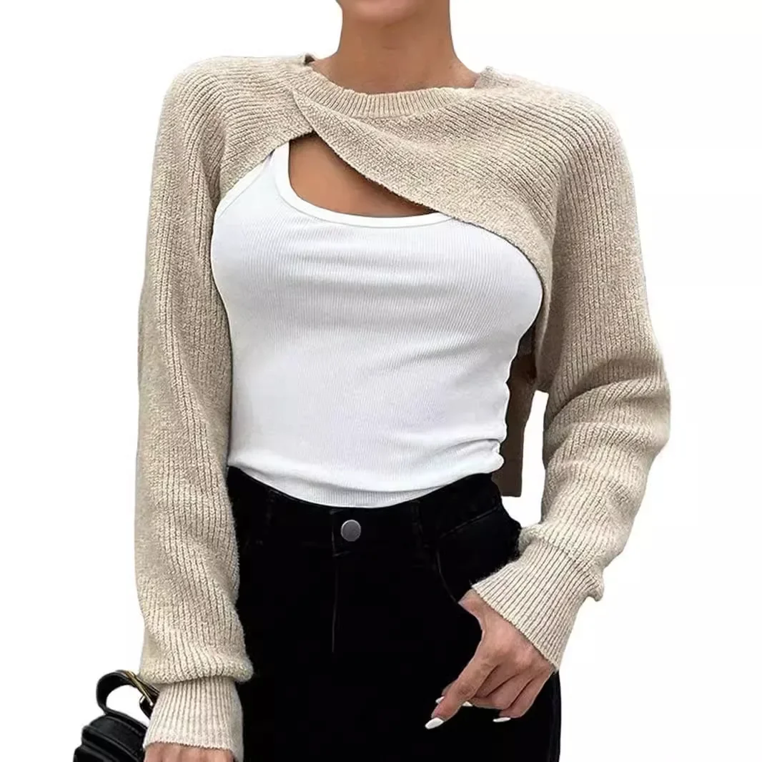 Fashionable Knitted Top Cropped Long Sleeve Pullover Shirt Round Neck Amazon Europe Asia Source Head Factory Spring Summer Autum