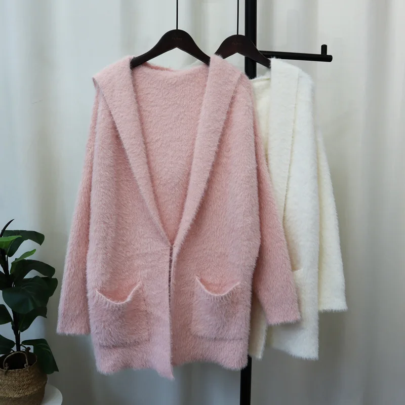 

Loose Style Autumn Winter Fashion Outerwear Sweet Fresh Style Ladies' Knitted Open Cardigan with Hat Mink Velvet