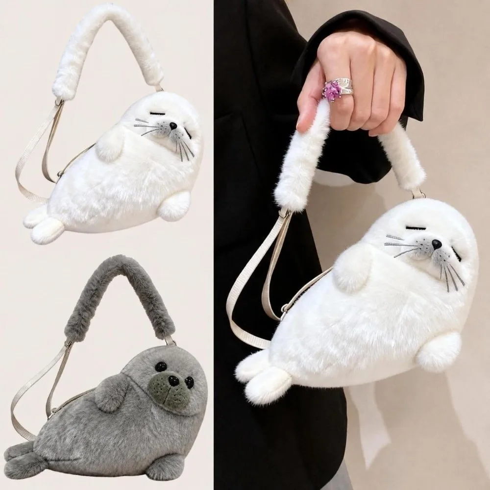 Soft Fluffy Cute Seal Shoulder Bag Cartoon Lightweight Crossbody Bag Fabric Adjustable Straps Handbag Women's Accessories