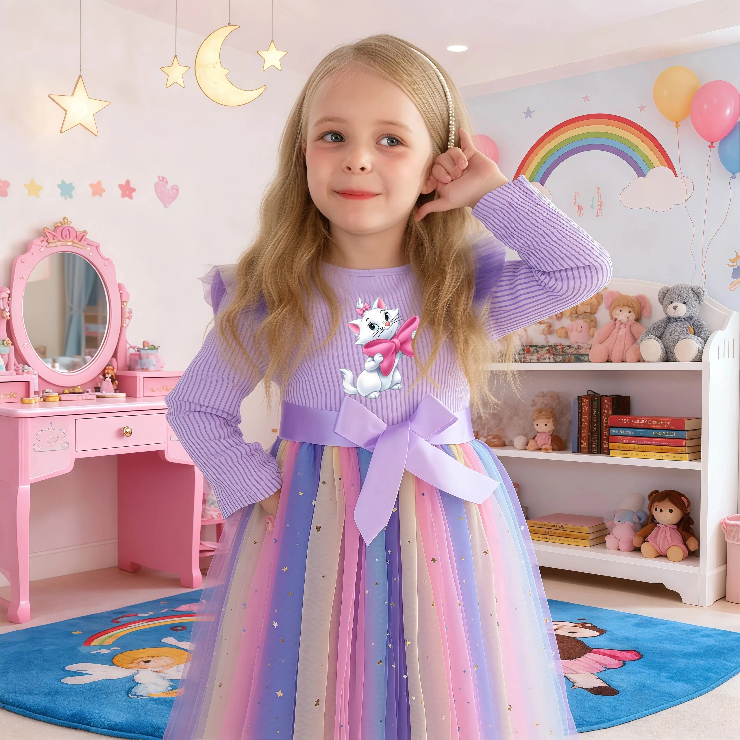 فستان الأميرة ماري كات رينبو للفتيات فستان شبكي لحفلات أعياد الميلاد مزين بالترتر للأطفال فساتين كاجوال بأكمام طويلة للفتيات من 1 إلى 5 سنوات