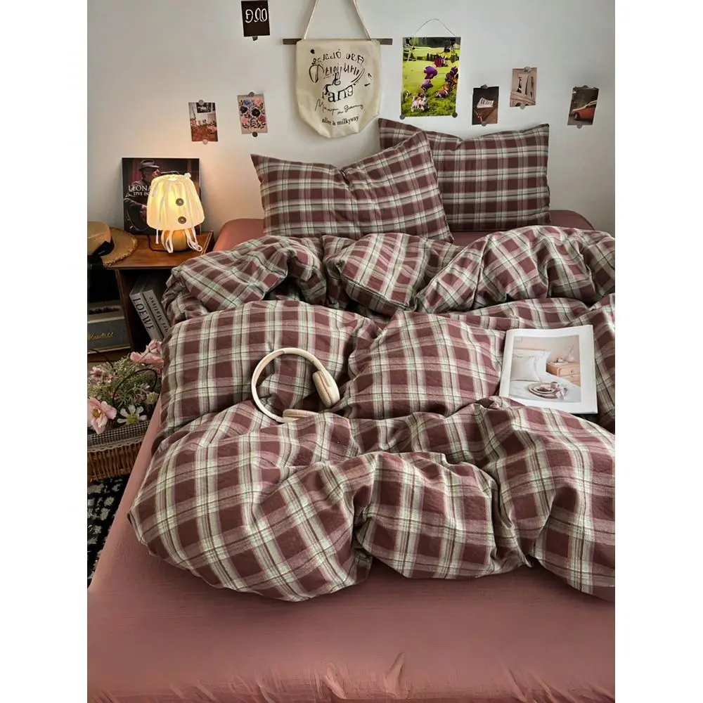 

Polyester Retro Plaid Print Bedding Set, Suitable For Boys Girls Dorm, Zipper Closure, All Season, Soft Breathable, Fit For Dor