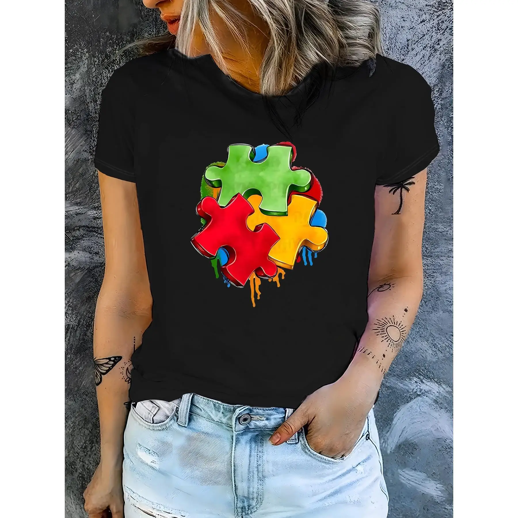

Autism Awareness Puzzle Heart T-Shirt Women Colorful Graphic Print Oversized Casual Streetwear Gift Tee S-3XL