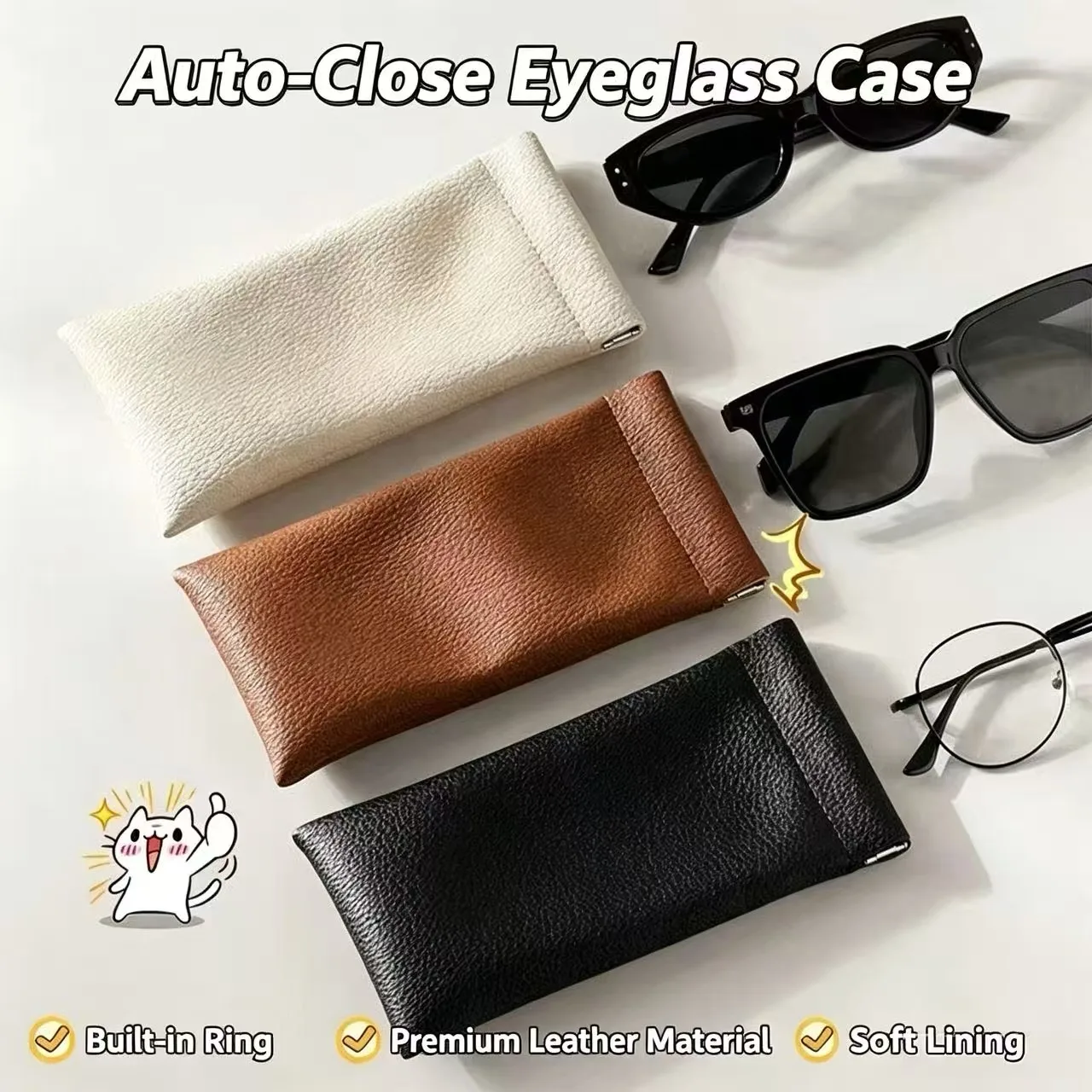 Self-Closing Soft Leather Glasses Case, Large-Capacity Glasses Storage Bag, Sunglasses Storage Bag, Long Wallet Glasses Bag