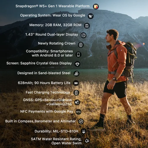 Imagen 2 del producto TicWatch Atlas Black Smartwatch，batería máxima de 45 días, seguimiento de movimiento, GPS, barómetro, brújula, entrenamiento 110+, solo foxibanya1