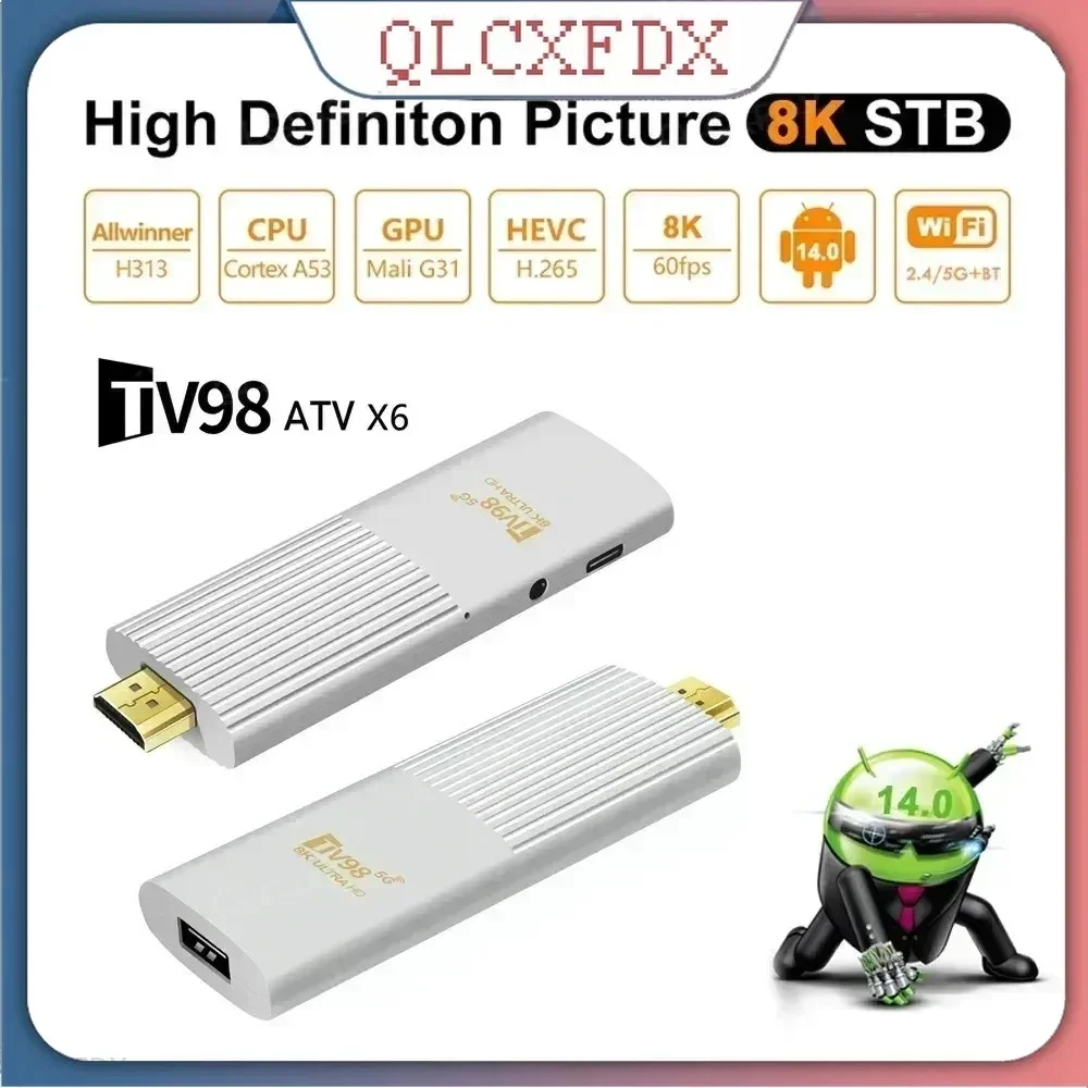8K Android 14 Top Box TV Stick Allwinner H313 Четырехъядерный процессор BT5.0 Двухдиапазонный WIFI-приставка с интеллектуальным голосовым управлением Пульт дистанционного управления