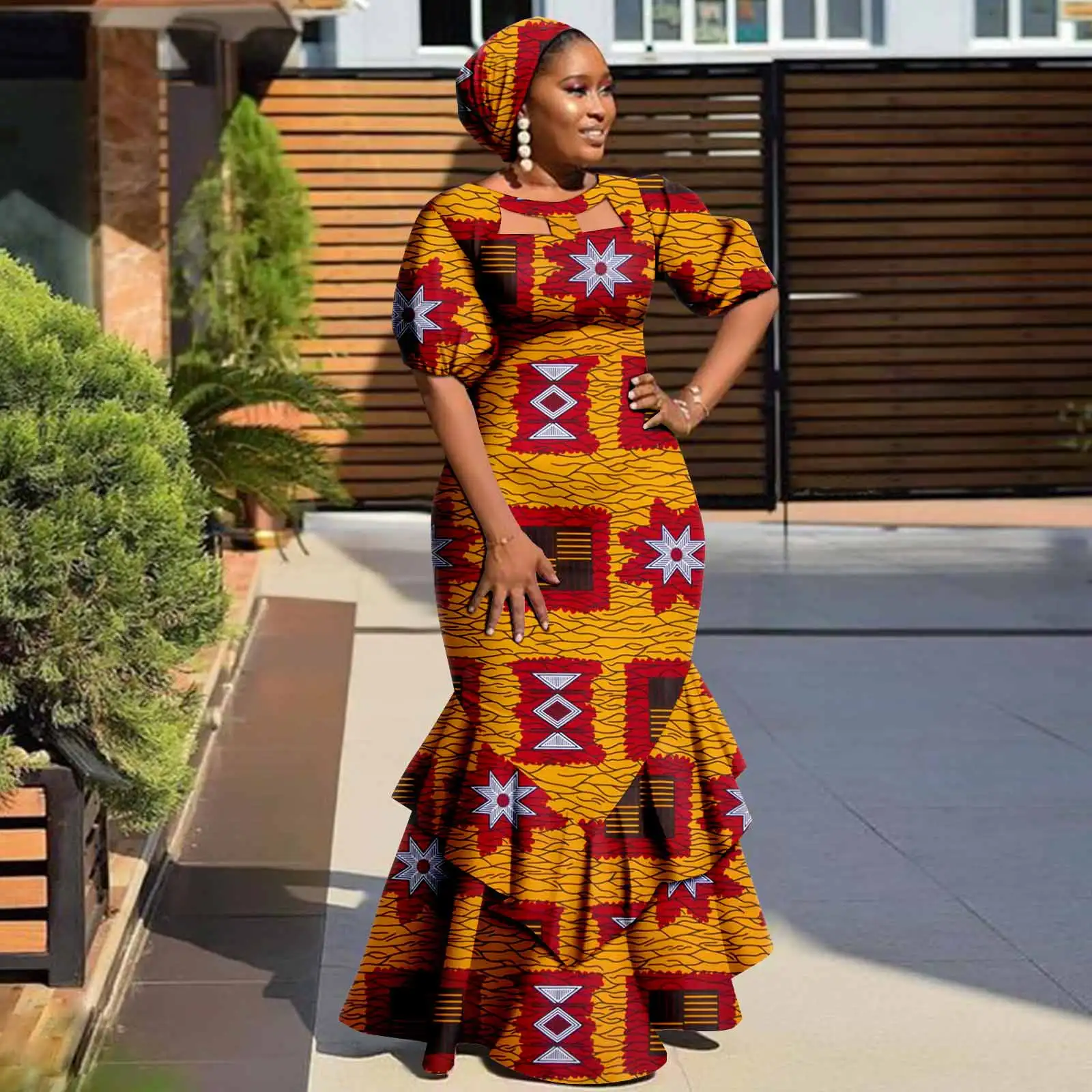 

Evening Dresses African Dresses for Women Print Ruffles Maxi Dress with Free Headwrap Elegant Lady Party Wedding Gown Y2225020