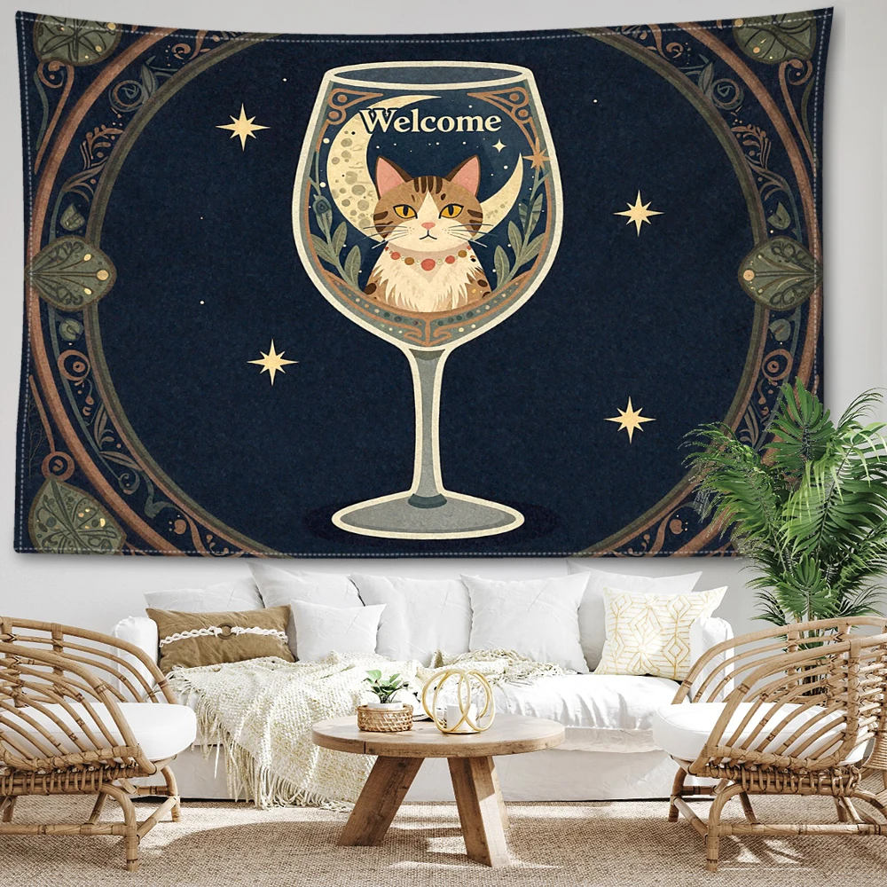 Navy Blue Goblet Cat Star Moon Printed Tapestry Wall Hanging Bohemian Style Bedroom Home Decor