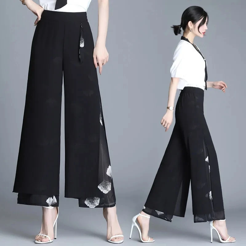 2024 Summer New Women's Chiffon Broken Flower Wide-leg Pants Ladies Nine Pants Thin High Waist Large Size Loose Straight Pants