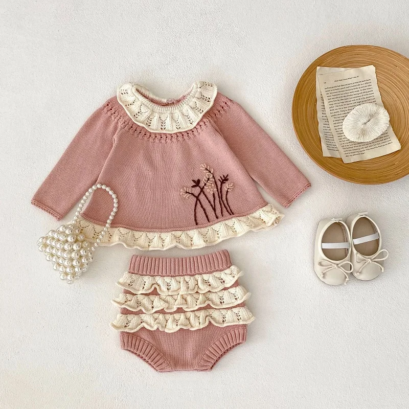 

Cute Newborn Baby Girl Clothes Long Sleeve Ruffles Collar Flower Sweater Tops Knitwear Bloomers Shorts 2PCS Autumn Outwear 0-3Y