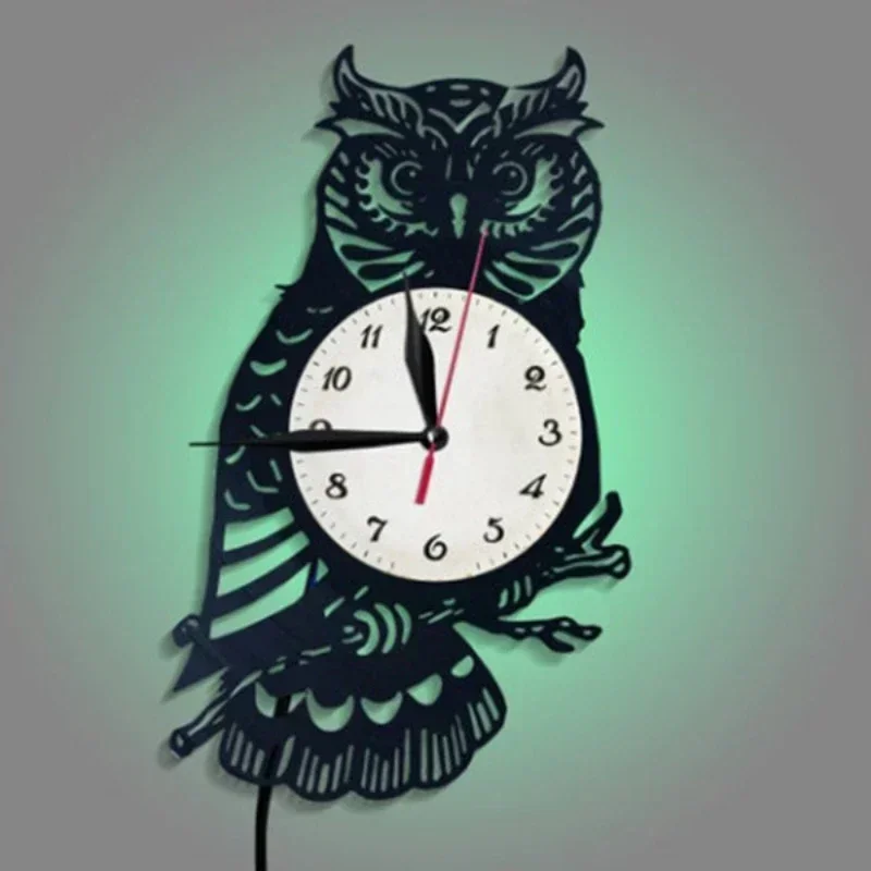 Owl Vinyl Record Wall Clock LED Night Light Remote Control Night Light Wall Clock Home Decoration Children's Bedroom Wall Clock