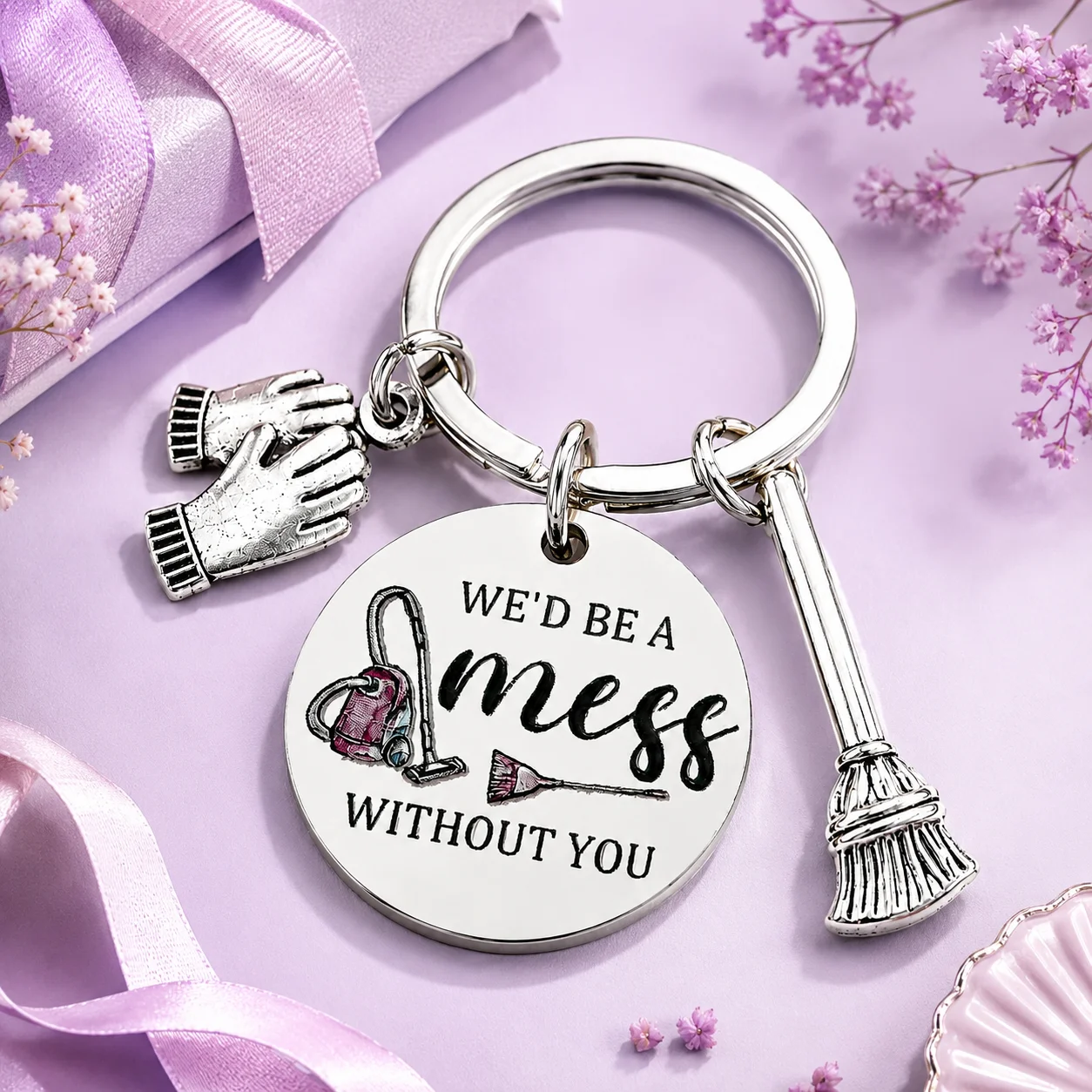 Housekeeper Appreciation Keychain, Cleaner Thank You Gift, Broom and Glove Bag Charm, Christmas Gift for Cleaning Staff