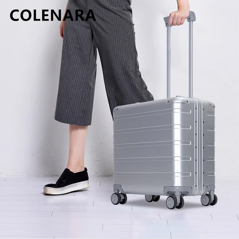 COLENARA حقيبة عالية الجودة 18 بوصة جميع سبائك الألومنيوم والمغنيسيوم صندوق الصعود حقيبة تروللي بعجلات صغيرة عجلة الأمتعة العالمية
