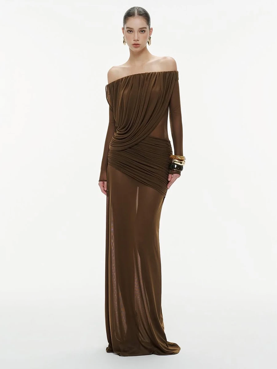 

Retro Pleated Mesh One Shoulder Dress Women's Unique Design Slimming Floor Length Skirt French Style Polyester Long Sleeve Dress