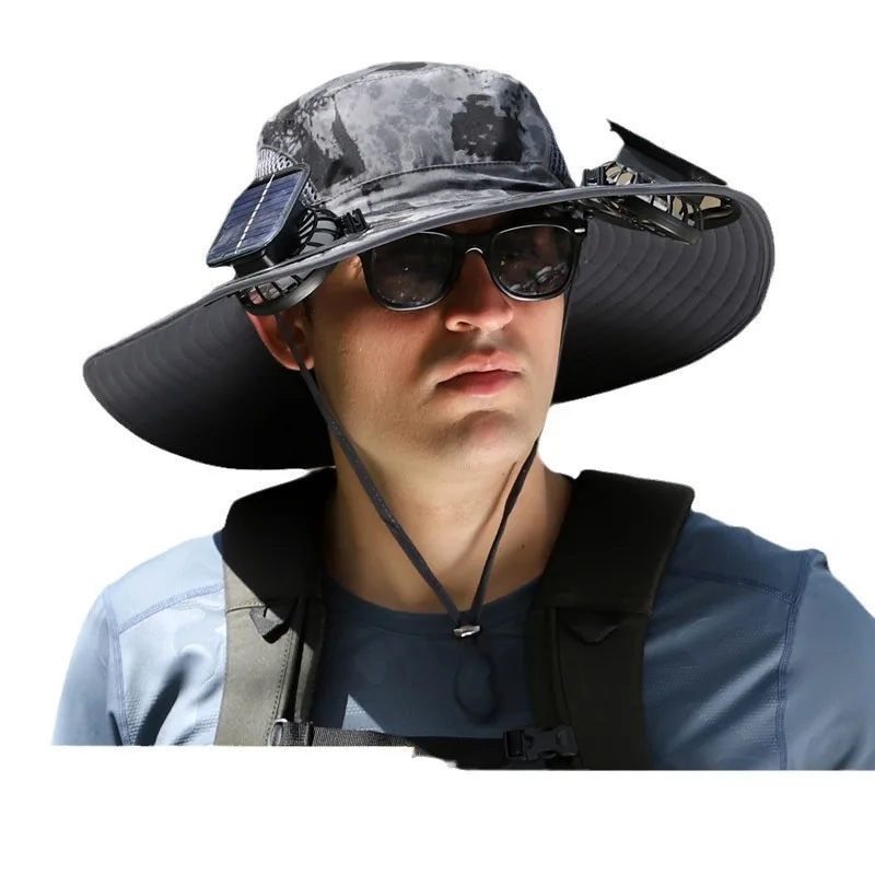 Wide Brim Sun Hat with 2 Solar Fan Sunscreen Waterproof Fishing Hat Upf50 USB Charging Wide Brim Sun Hat for Outdoor Hiking