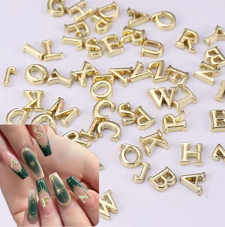 26 sztuk/zestaw Złote Srebrne Litery A-Z Ozdoby do Paznokci ze Stopu, Brokatowe Akcesoria do Manicure 3D, Dekoracje Alfabetu, Biżuteria do Paznokci DIY z Literami
