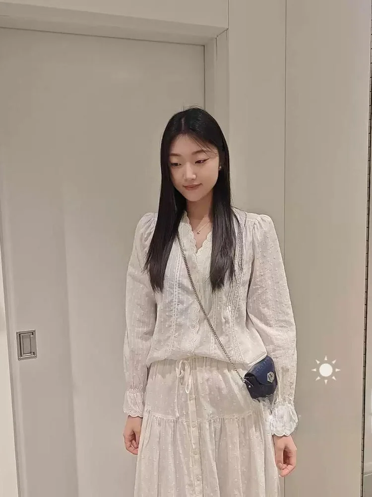 

Embroidered irt And f Skirt Set Pure Cotton Long Sve V Ne Straight Cut Sweet Sle Japanese Iuence