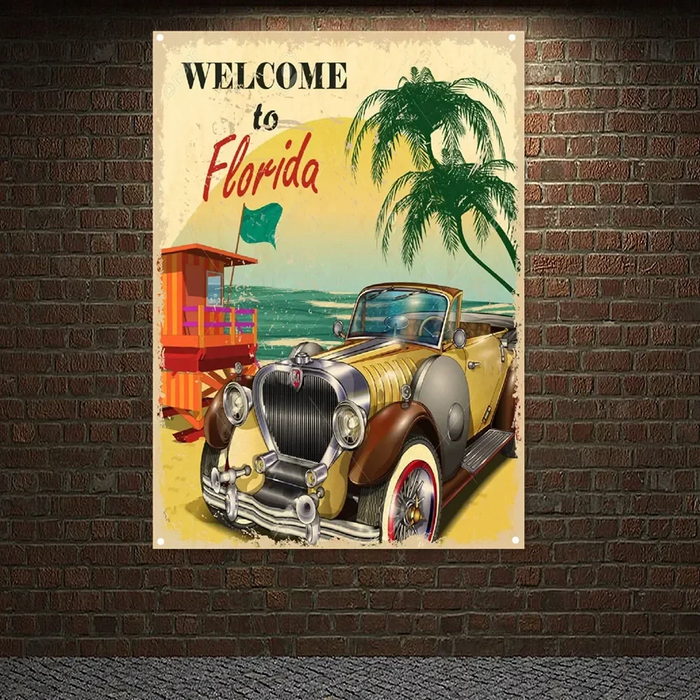 Welcome to florida Vintage CAR SERVICE Poster Flag Auto Repair Shop Wall Decor Banner Wall Art Painting Tapestry For Garage