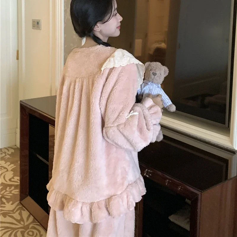 Women Pajamas Winter Thickened Warm Two-Piece Suit Casual Ventilate Coral Fleece Nightclothes Sets Loose Solid Color Homewear