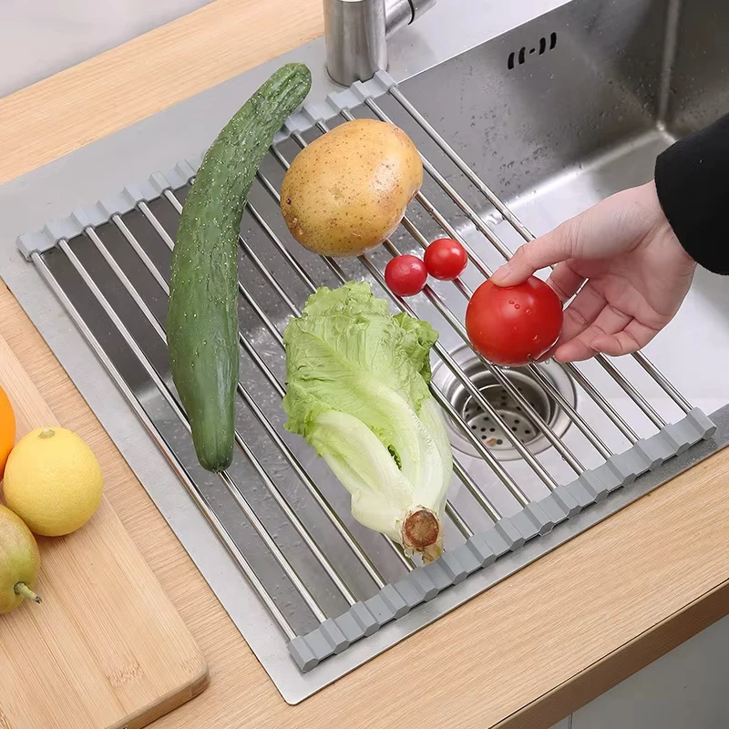 

Household Kitchen Stainless Steel Drain Curtain Foldable Dish Drainer Shelf Dish Holder Sink Roller Organizer Basket Racks Tool