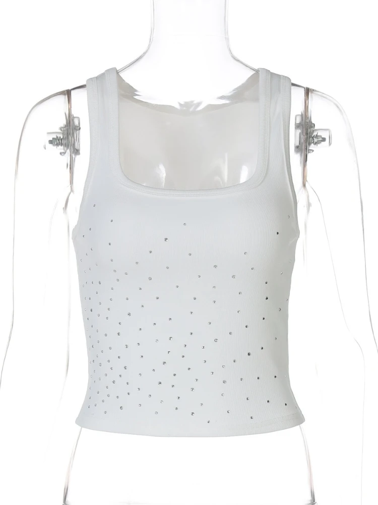Frau Perlen Strass Tank Tops Weiß Schwarz Sommer Ärmelloses Korsett T-shirt 2025, Casual Quadrat Kragen Crop Top Streetwear