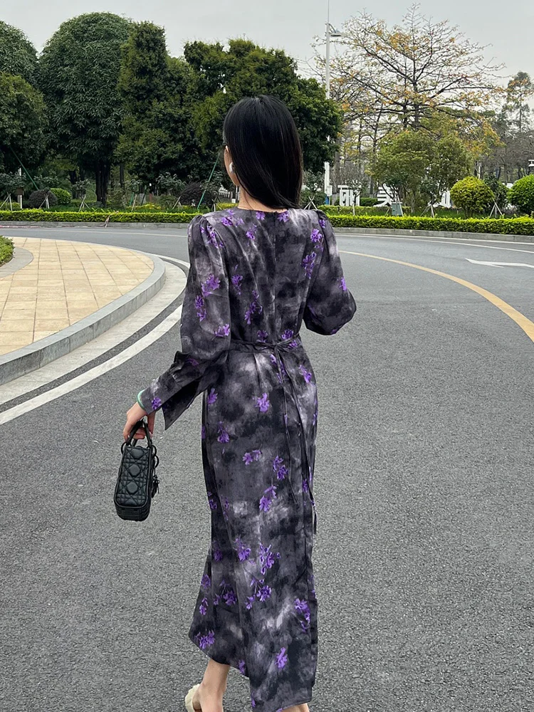 Damska sukienka wiosenna 2025 nowa koreańska wersja moda wróżka drukowanie Temperament dekolt w serek słodka kwiatowa długa Vestidos DS082