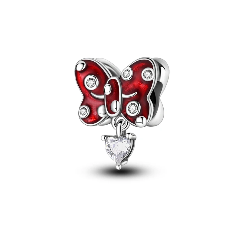 

Cute 925 Sterling Silver Classic Red Spotted Heart Bow Charm Fit Pandora Bracelet Women's Fashion Party Jewelry Accessories