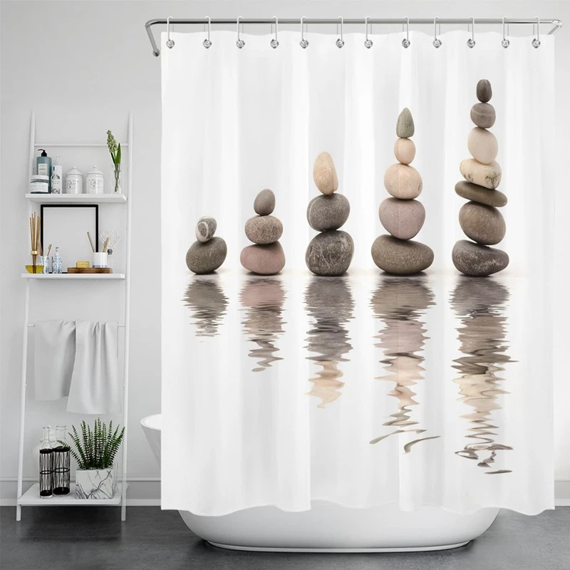 Stacking Zen Stones Shower Curtains Oriental Rocks on Peaceful Water Zen Bathroom Curtains Sets Waterproof Curtain with Hooks