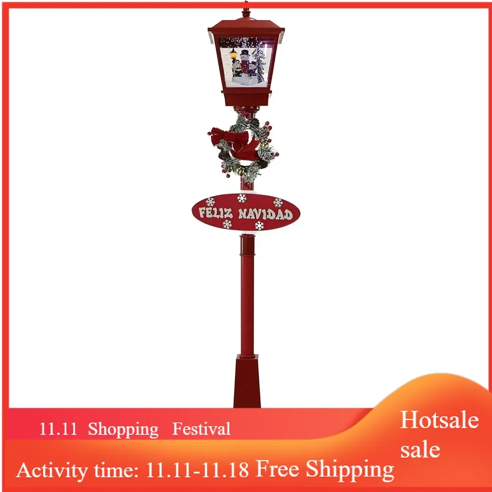 71-in. Musical Snowy Christmas Street Lamp in Red with Snowman Family Scene, Cascading Snow, and Music, Lighted Christmas