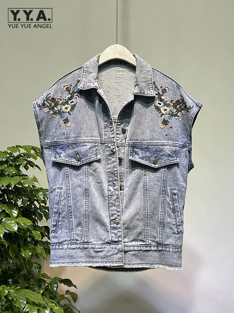 

Fashion Women Embroidery Denim Vests Single Breasted Short Tops Loose Fit Sleeveless Turndown Collar Coats Waistcoat Lady Jacket
