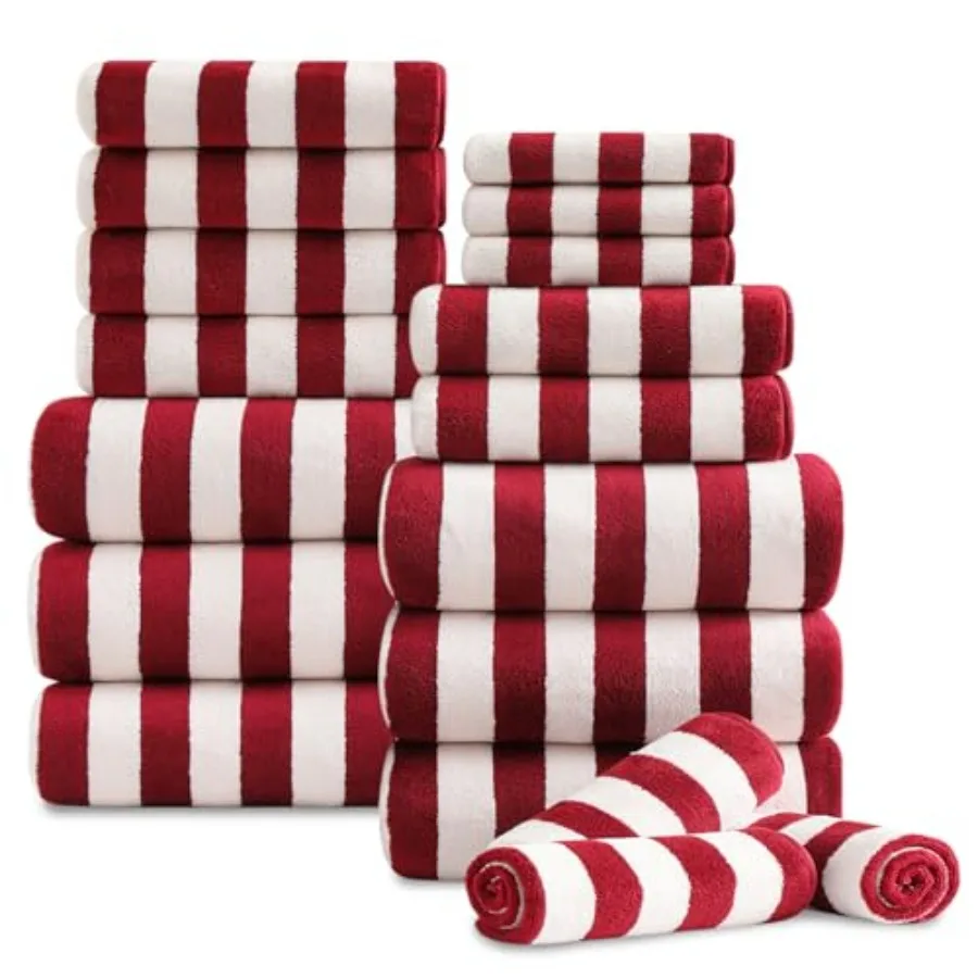 

18 Pcs Red Stripe Bath Towel Set with Hanging Loop-6 Bath Towels6 Hand Towels 6 Washcloths Soft Family Towels Set Bathroom Towe