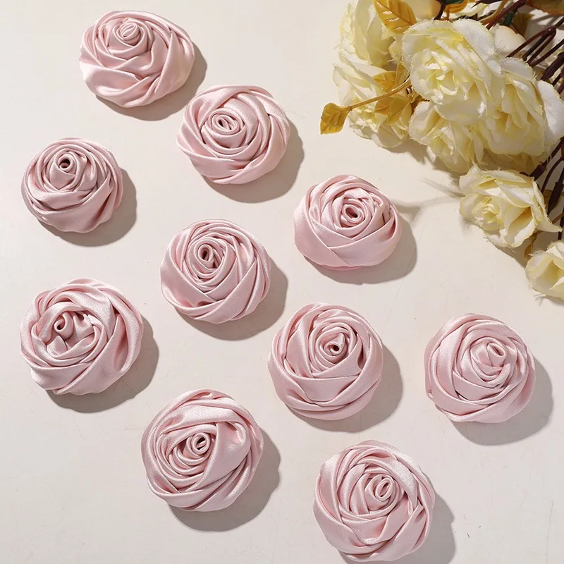 Vintage Pink Satin Fabric Rose Button for DIY Sewing Jewelry Accessories 4pcs Wholesale Flora Wedding Ornament Bulk Supplier