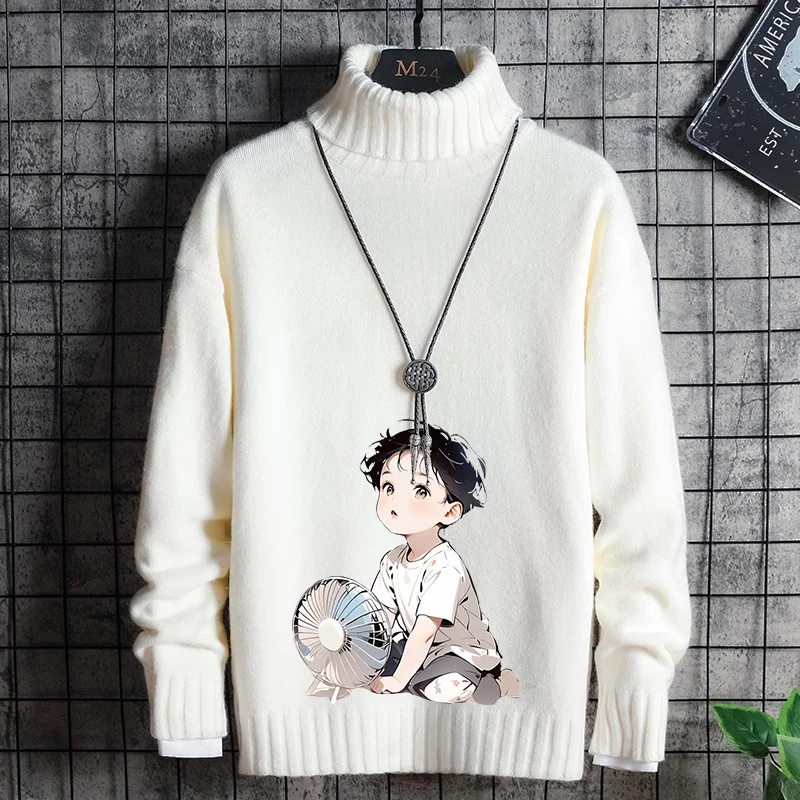 

Winter Youth Versatile round Ne Creative Print Sweater Loose Casual High Ne Korean Sle Top Boys Faion Knittedwear