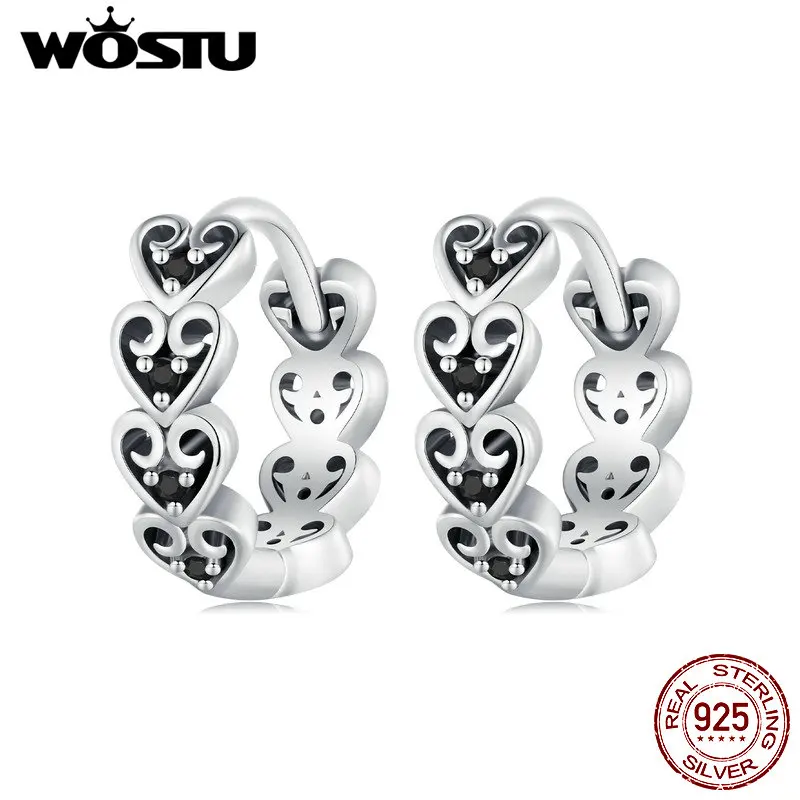 

WOSTU 925 Sterling Silver Classical Black Cz Heart Hoop Earrings For Women Wedding Dangle Drop Hollow Earring Clips Party Gift