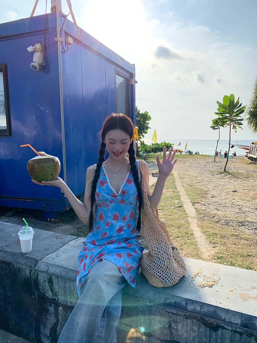 Blaue Spitze V-Ne Sommer Dr Damen Träger Hohe Taille A-Linie Rock Lässig Pendeln Sle Polyesterfaser No Sve Dr