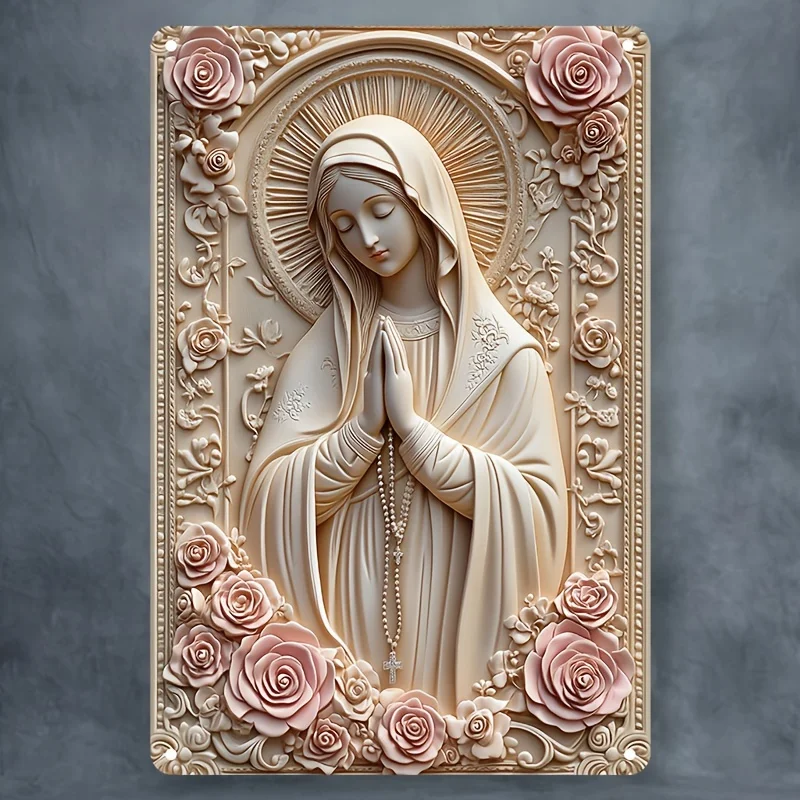 

2D Aluminum Sign, Contemporary Style, Religious Virgin Mary with Roses, Wall Hanging, Multi-Purpose Decor for Home and Holiday