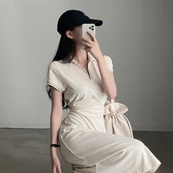 Women's Summer Cotton Casual T-shirt Dress with Belt Slim Fit A-line Midi Pullover Sundress 2023