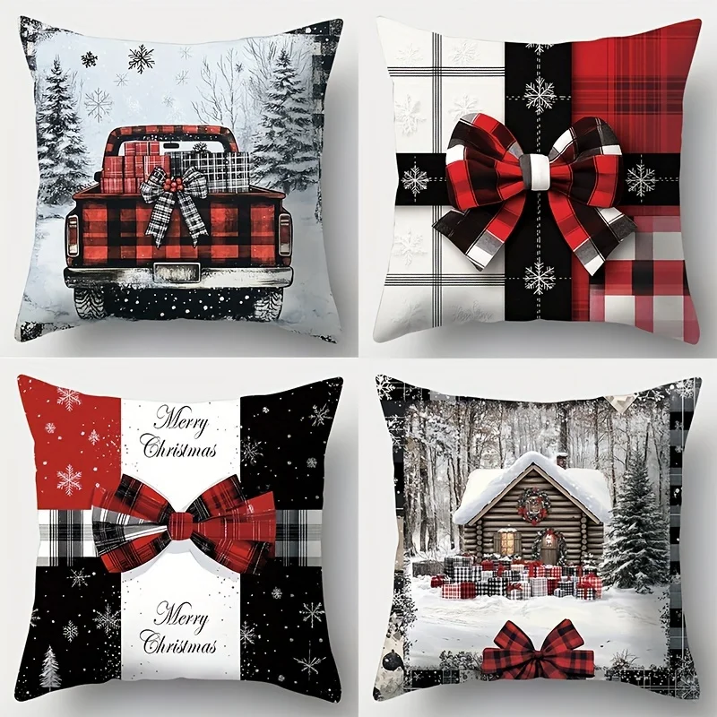 

4 шт. праздничные рождественские наволочки — современный черно-красный тканевый принт, праздничный декор для дома и гостиной