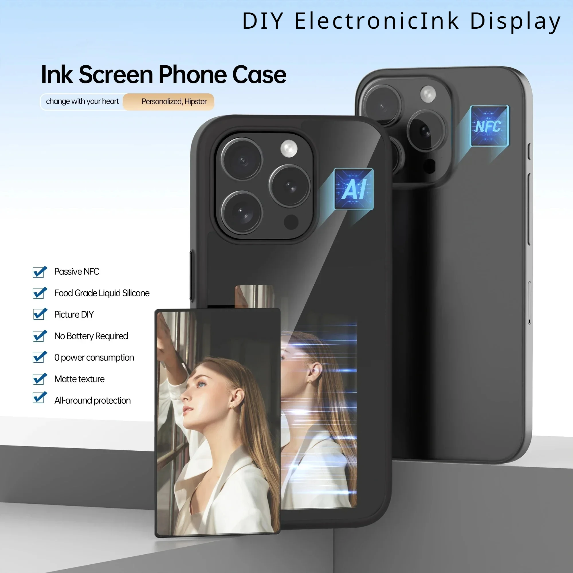 DIY ElectronicInk Screen Smart Phone Case for Iphone 15 14 13 Pro Max Ai Display NFC Refesh Silicone Case 3 Color NO Battery