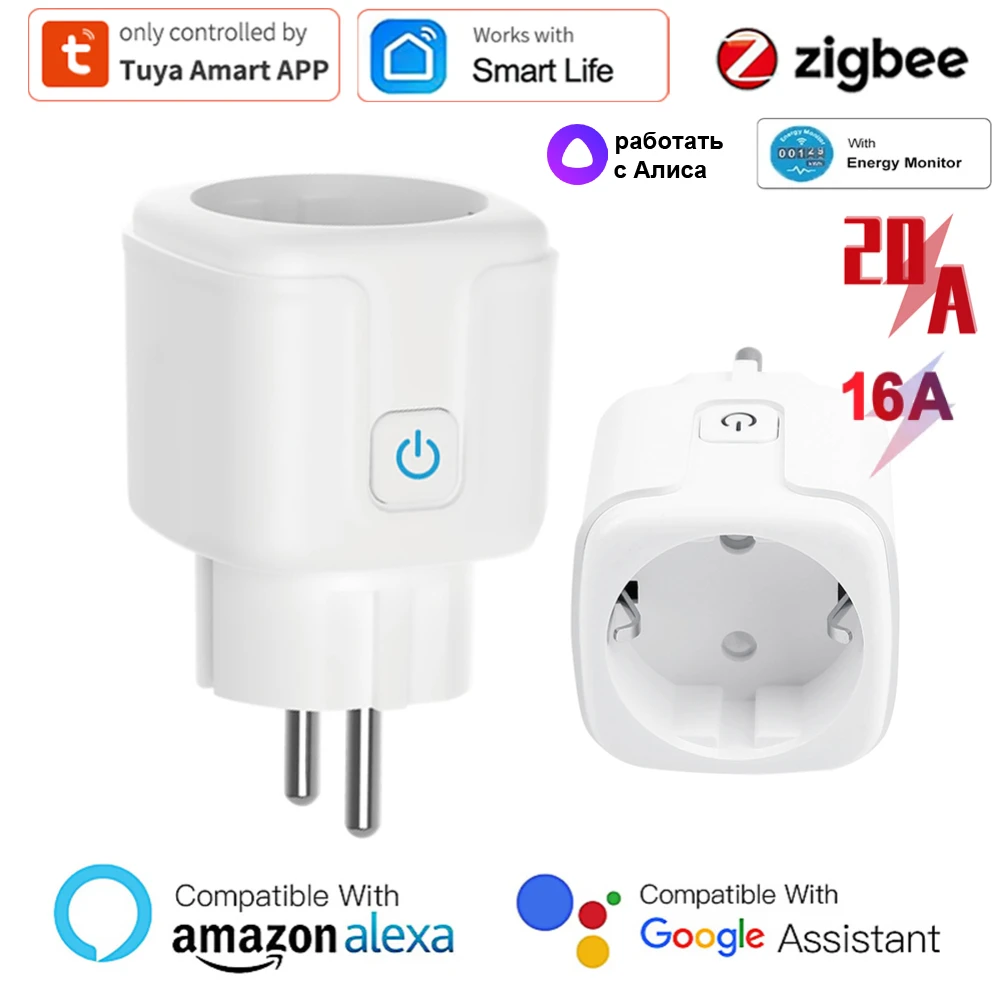 16A 20A Tuya ZigBee Smart Plug Adapter Power Monitor EU FR Timer Electrical Socket Via Smart Life Alexa Google Home Yandex Alice