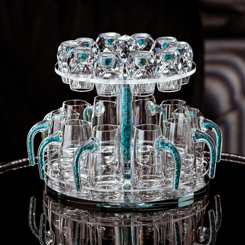 High grade crystal cut turquoise Baijiu cup with handle wine distributor set household wine set small one cup wine cup