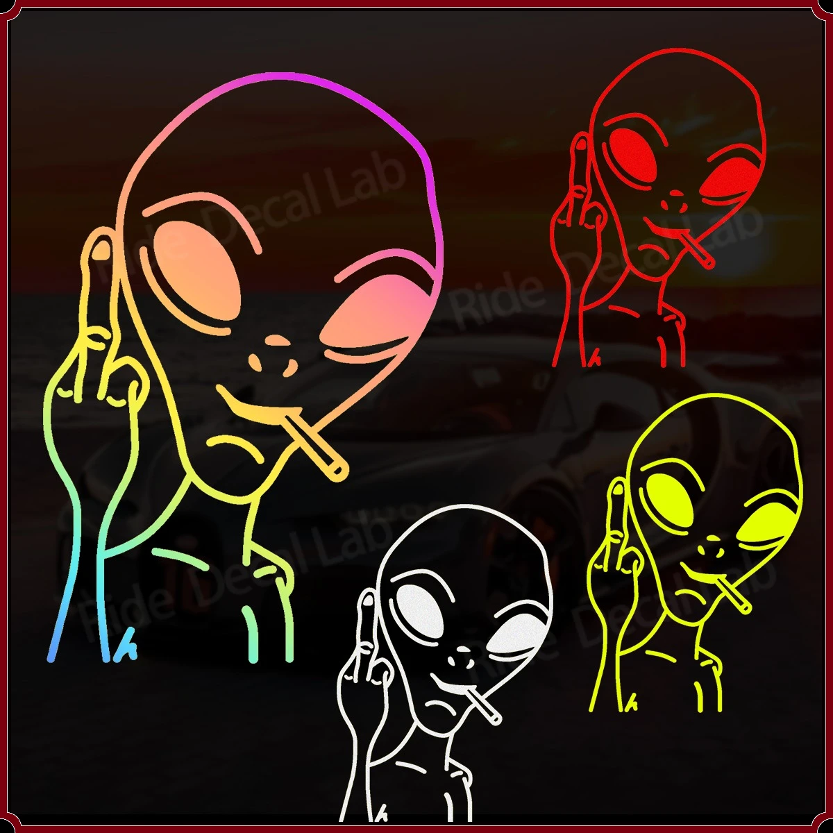 2 Fun Alien Middle Finger Reflective Car Stickers for Motorcycle Fairings, Side Panels, and Top Box Modifications UFO Decals
