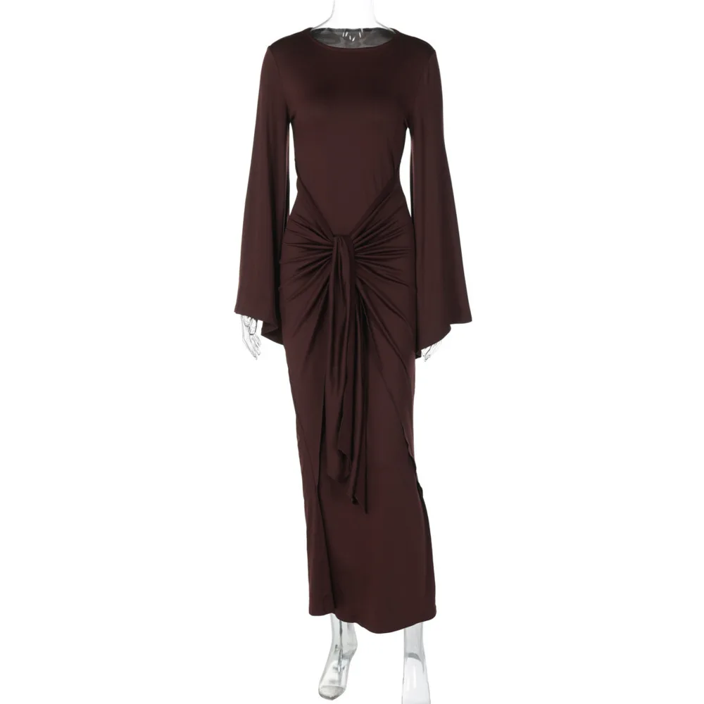 Blifanbo Herbst Elegante Geraffte Maxi Kleid Für Frauen Lace-up Langarm O Neck Bodycon Langes Kleid Schlank Neue fashion Solid Vestido