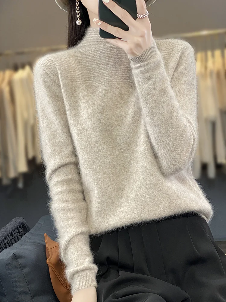 100% Mink Cashmere Pullovers Women's Knitted Sweater Mock-neck Long Sleeve Jumper Autumn Winter Soft Warm Female Clothing Top