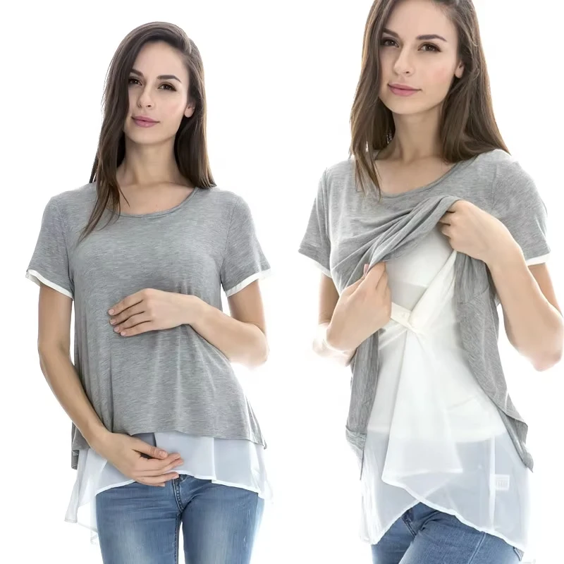 Fake Two Layer Nursing Maternity Tee Crew Neck Short Sleeve Contrast Trim Front Lift Back Split Soft Pregnant Women Daily Shirt